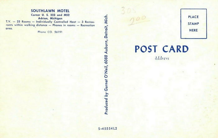 Southlawn Motel - Old Postcard